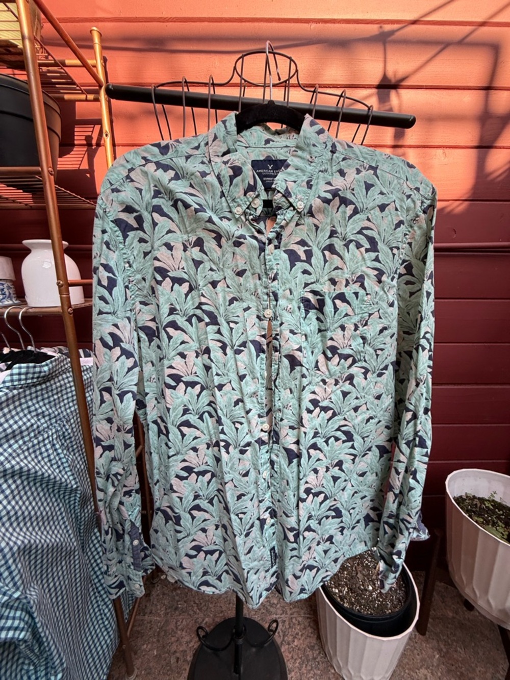 American Eagle Outfitters Mint Green Leaf Print Button-Down Shirt